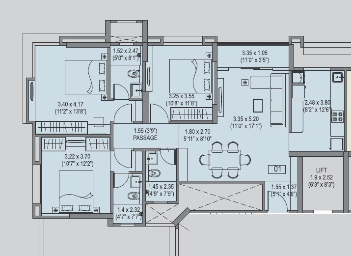 Floor plan of 3 BHK 1011 Sq. Ft. Apartment in Shroff Aureta, Pune