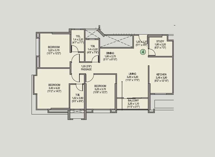 Floor plan of 3 BHK 1060 Sq. Ft. Apartment in Shroff Aureta, Pune