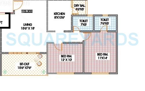 Floor plan of 2 BHK 1100 Sq. Ft. Apartment in Shroff Shagun, Pune