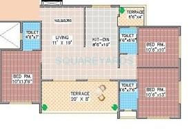 Floor plan of 3 BHK 1500 Sq. Ft. Apartment in Shroff Shagun, Pune