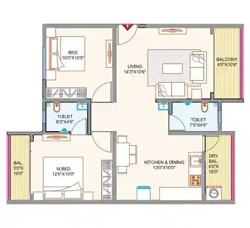 Floor plan of 2 BHK 747 Sq. Ft. Apartment in Shruti Ananta, Pune
