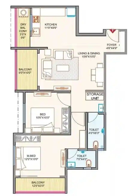 Floor plan of 2 BHK 828 Sq. Ft. Apartment in Shruti Ananta, Pune