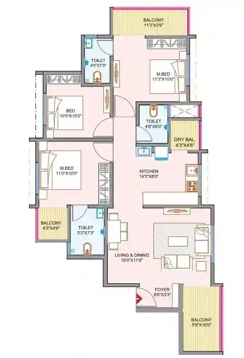 Floor plan of 3 BHK 950 Sq. Ft. Apartment in Shruti Ananta, Pune