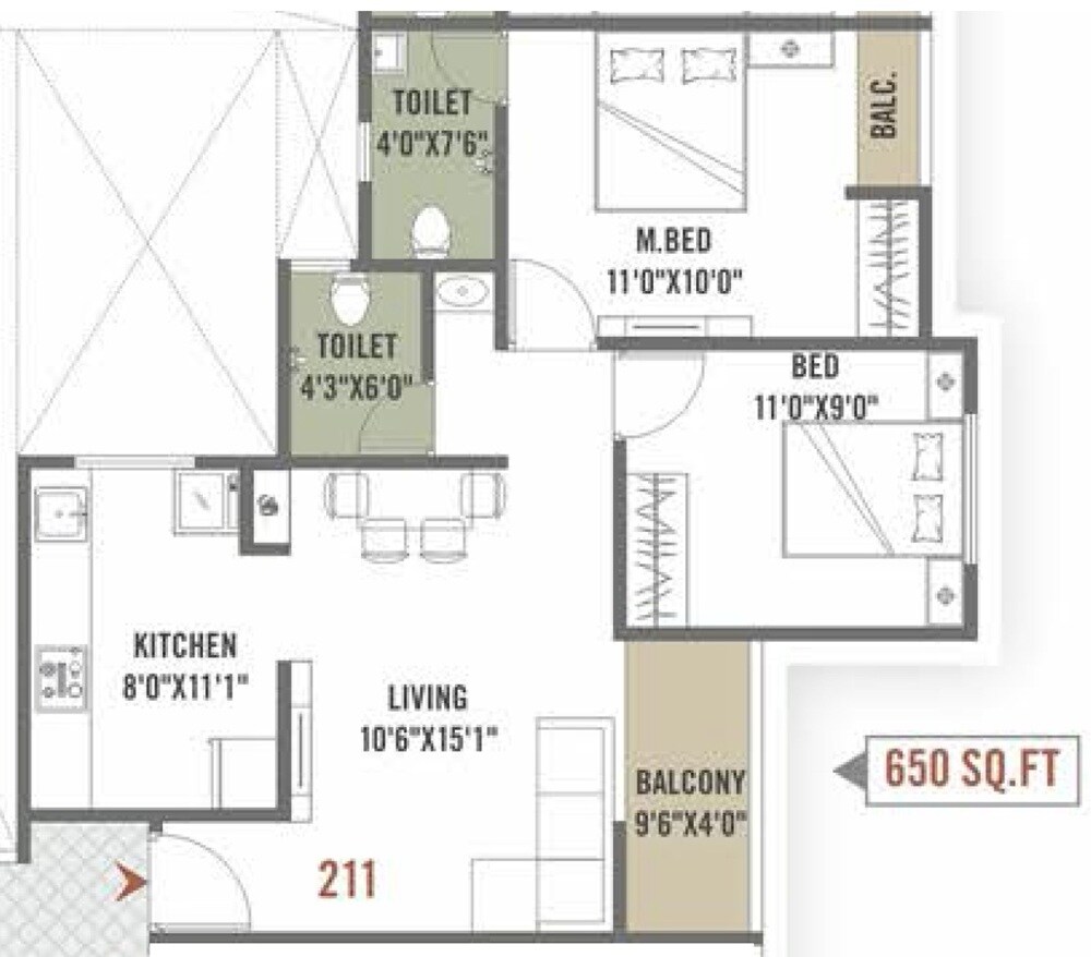 Floor plan of 2 BHK 650 Sq. Ft. Apartment in Shruti Radhe Windsun, Pune