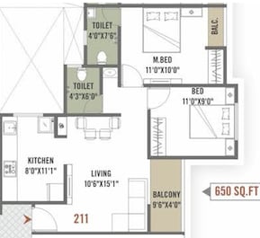 2 BHK 650 Sq. Ft. Apartment in Shruti Radhe Windsun