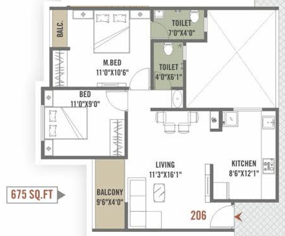 Floor plan of 2 BHK 675 Sq. Ft. Apartment in Shruti Radhe Windsun, Pune