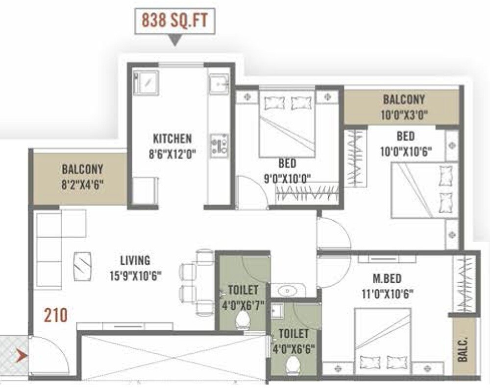 Floor plan of 3 BHK 838 Sq. Ft. Apartment in Shruti Radhe Windsun, Pune