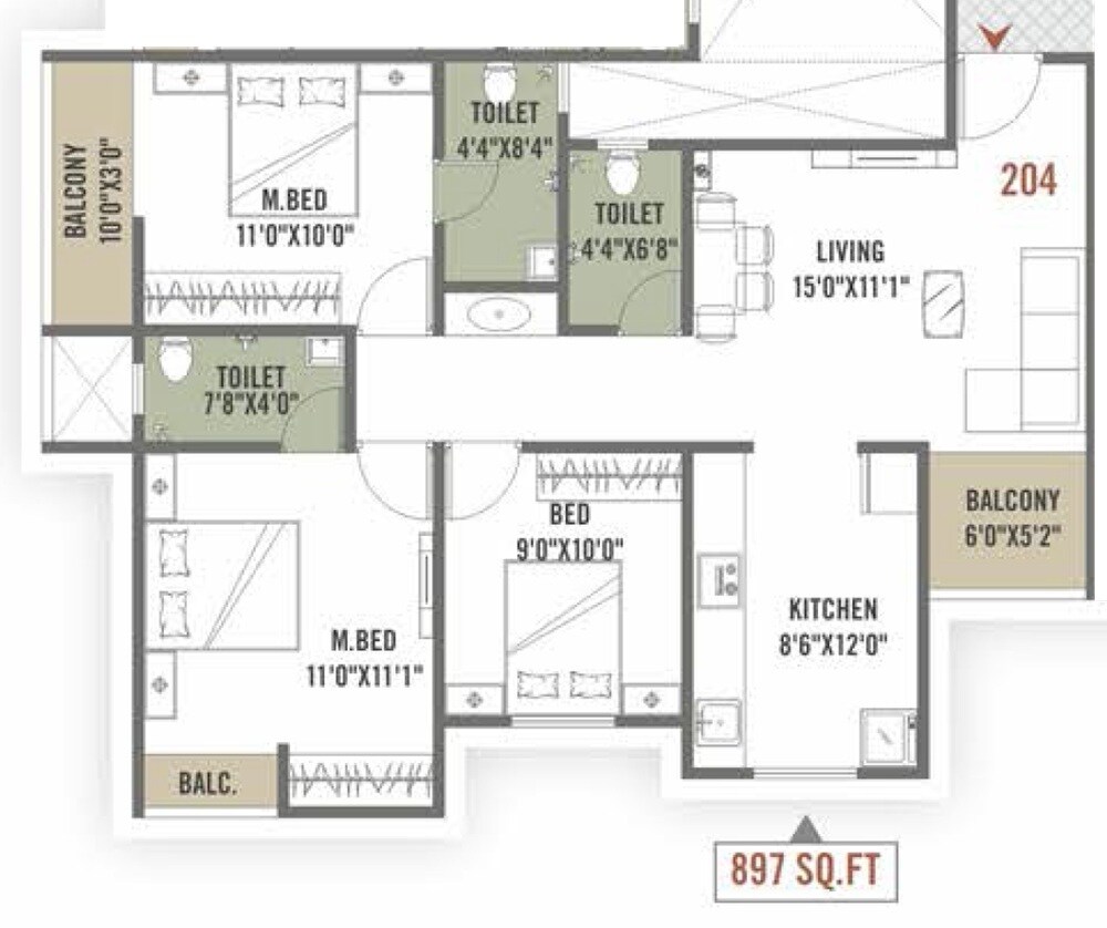 Floor plan of 3 BHK 897 Sq. Ft. Apartment in Shruti Radhe Windsun, Pune