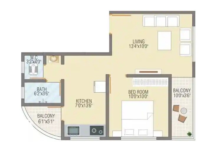 Floor plan of 1 BHK 444 Sq. Ft. Apartment in Shruti Shree Ganesha Residency, Pune