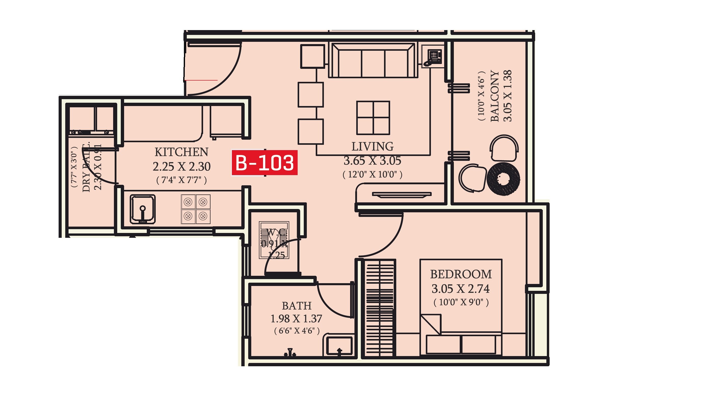 Floor plan of 1 BHK 442 Sq. Ft. Apartment in Shubh Aarambh, Pune