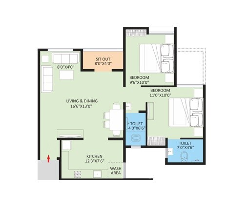 2 BHK 829 Sq. Ft. Apartment