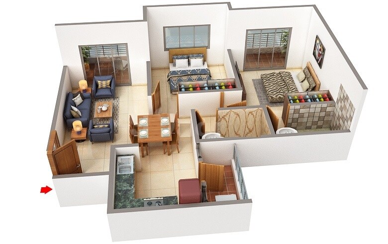 Floor plan of 2 BHK 741 Sq. Ft. Apartment in Shubh Meriton Towers, Pune