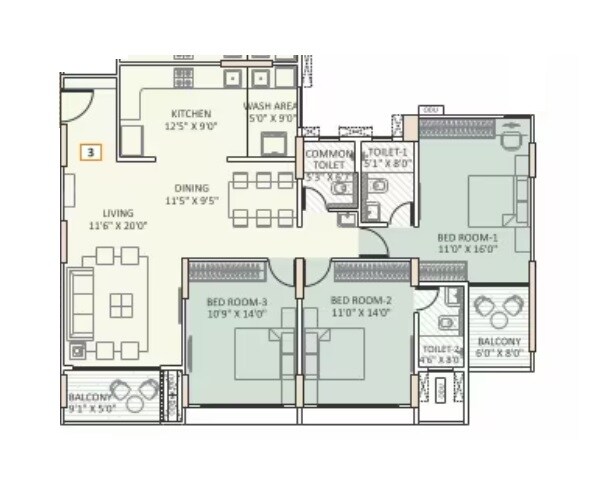 Floor plan of 3 BHK 1129 Sq. Ft. Apartment in Shubh Nirvana, Pune