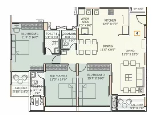 Floor plan of 3 BHK 1337 Sq. Ft. Apartment in Shubh Nirvana, Pune