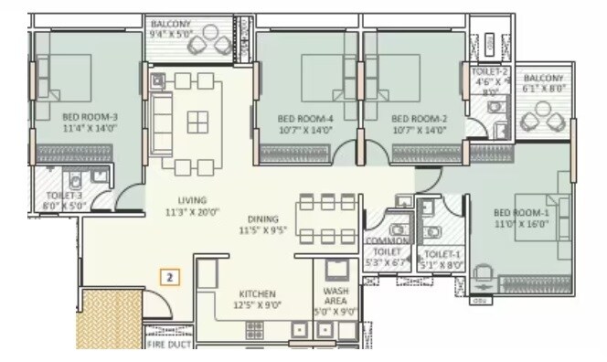 Floor plan of 4 BHK 1624 Sq. Ft. Apartment in Shubh Nirvana, Pune