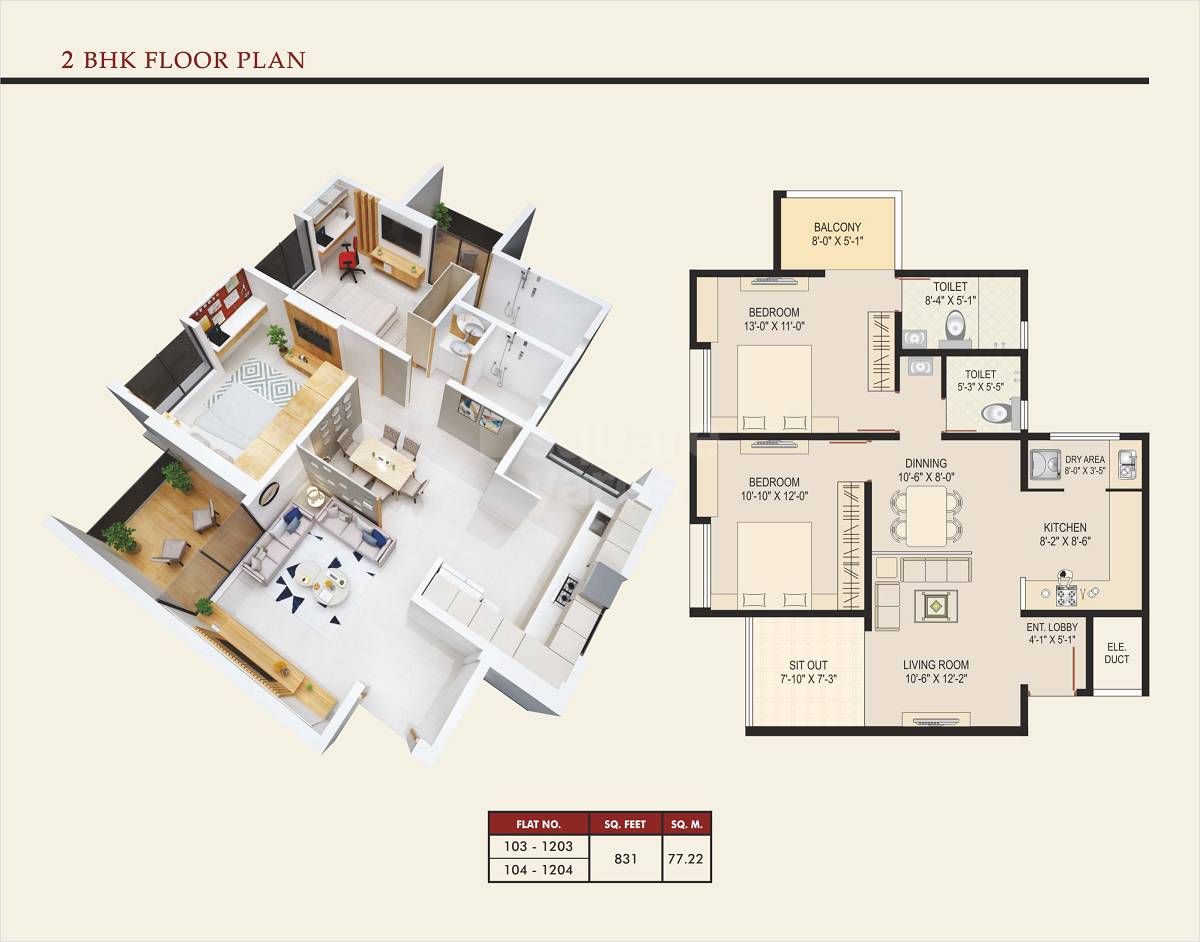 Floor plan of 2 BHK 831 Sq. Ft. Apartment in Shubh Serenity, Pune