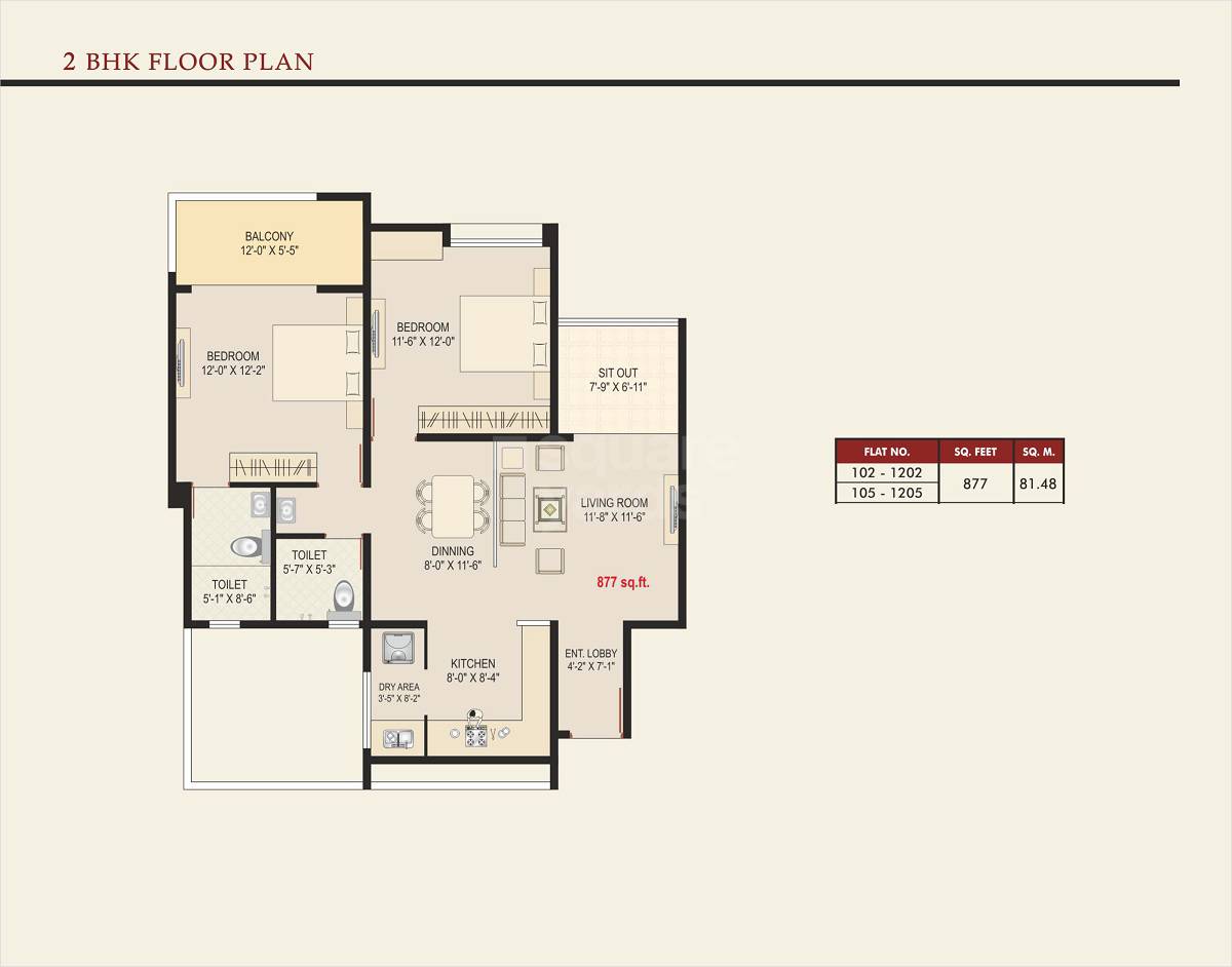 Floor plan of 2 BHK 877 Sq. Ft. Apartment in Shubh Serenity, Pune