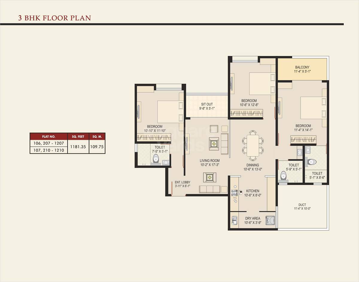 Floor plan of 3 BHK 1181 Sq. Ft. Apartment in Shubh Serenity, Pune