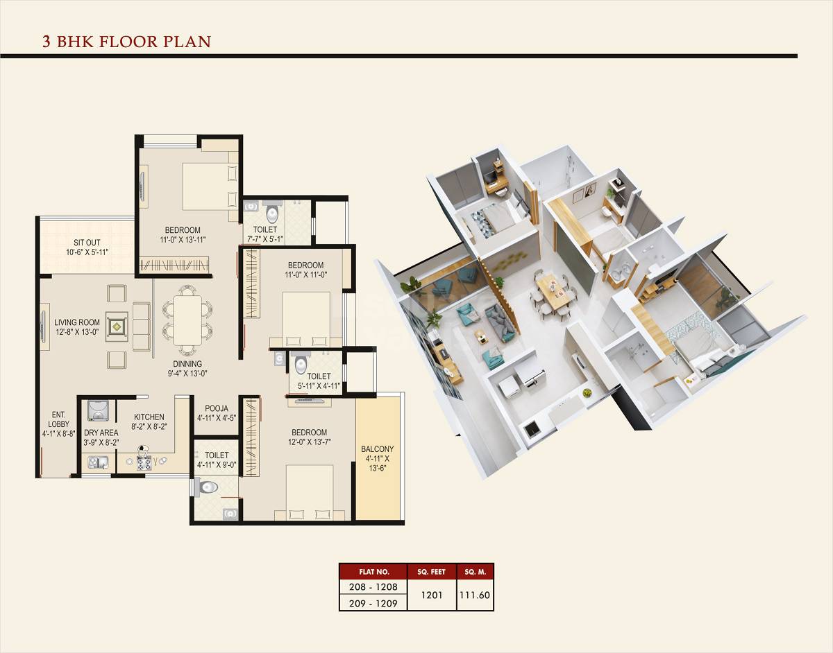 Floor plan of 3 BHK 1201 Sq. Ft. Apartment in Shubh Serenity, Pune