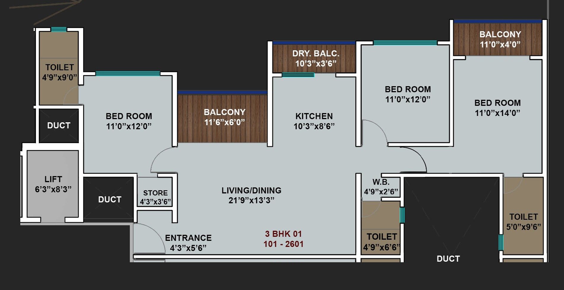 Floor plan of 3 BHK 1205 Sq. Ft. Apartment in Shubh Swarovski, Pune