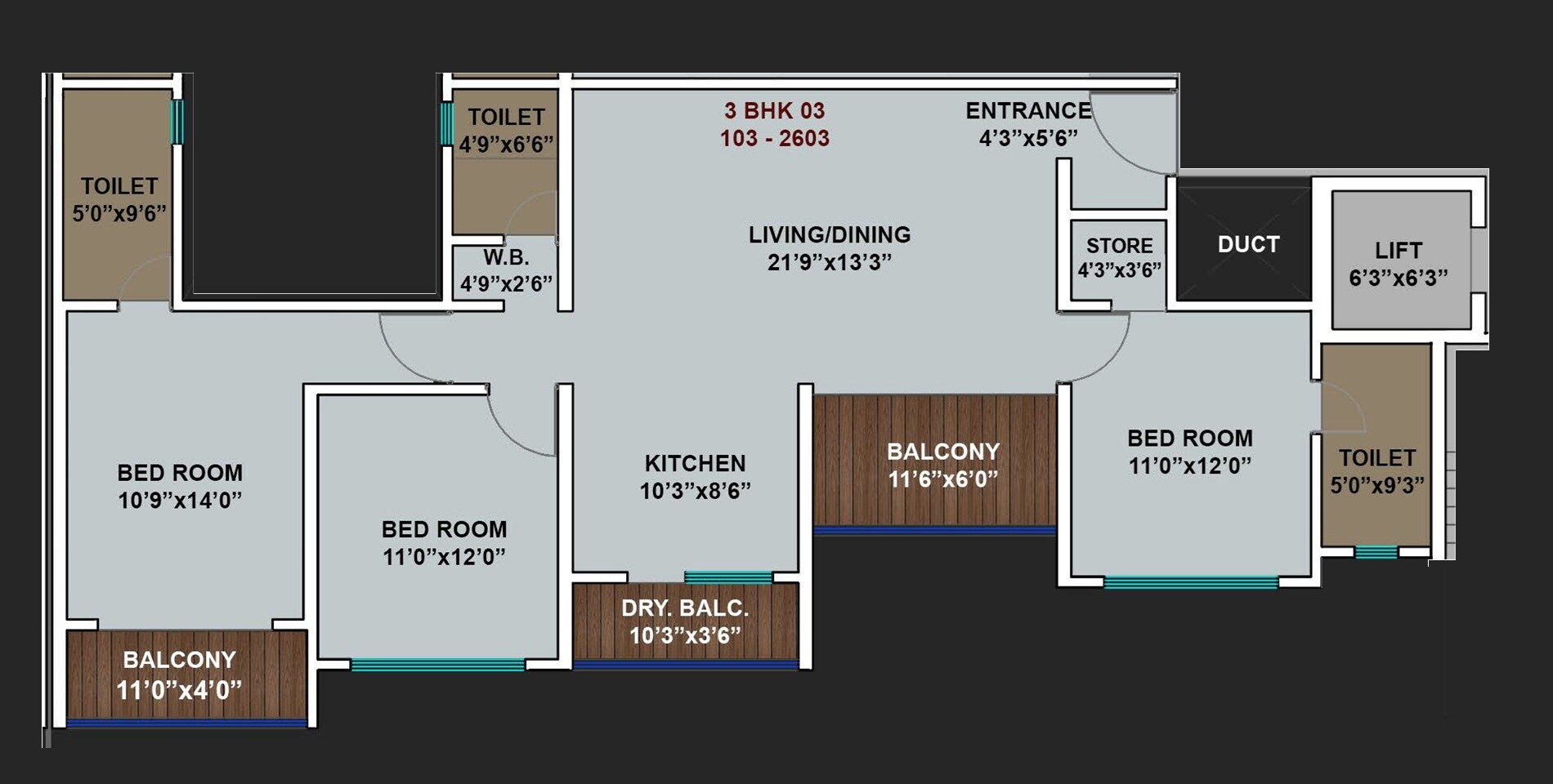 Floor plan of 3 BHK 1209 Sq. Ft. Apartment in Shubh Swarovski, Pune