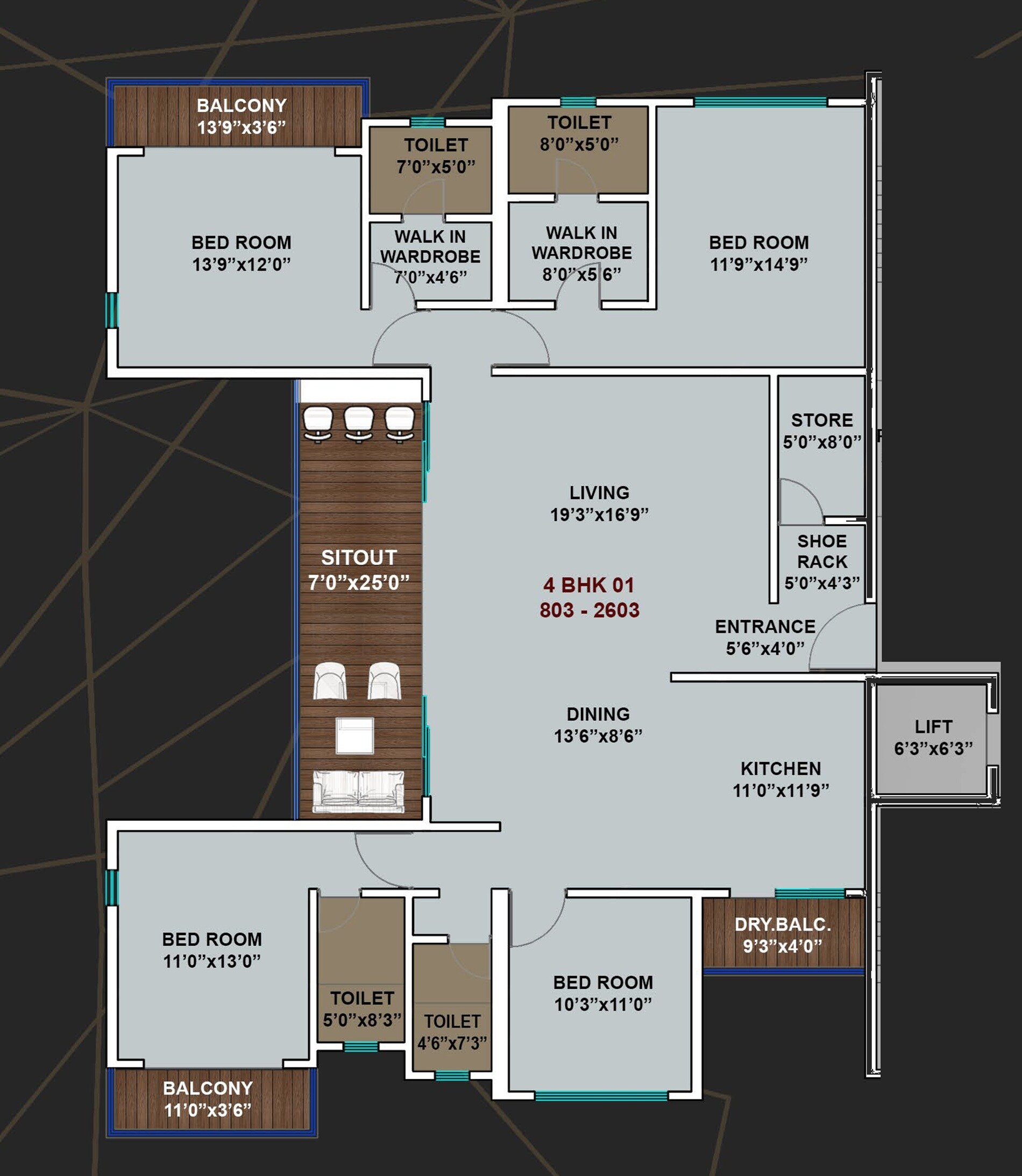 Floor plan of 4 BHK 2019 Sq. Ft. Apartment in Shubh Swarovski, Pune