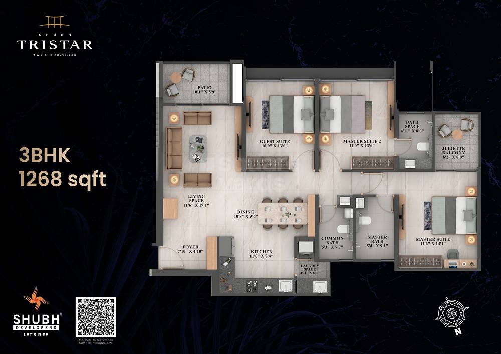 Floor plan of 3 BHK 1268 Sq. Ft. Apartment in Shubh Tristar, Pune