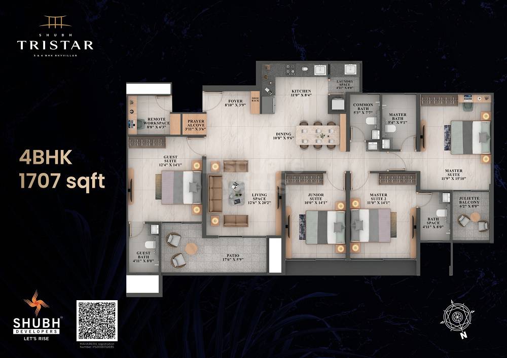 Floor plan of 4 BHK 1707 Sq. Ft. Apartment in Shubh Tristar, Pune