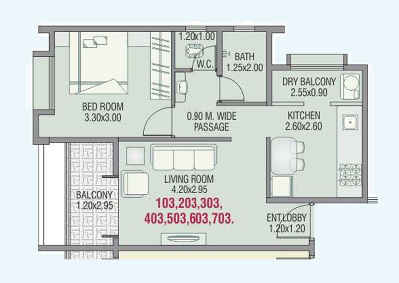 Floor plan of 1 BHK 506 Sq. Ft. Apartment in Shubham Tarangan, Pune