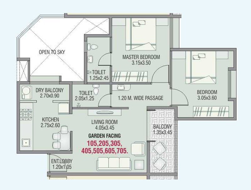 Floor plan of 2 BHK 697 Sq. Ft. Apartment in Shubham Tarangan, Pune
