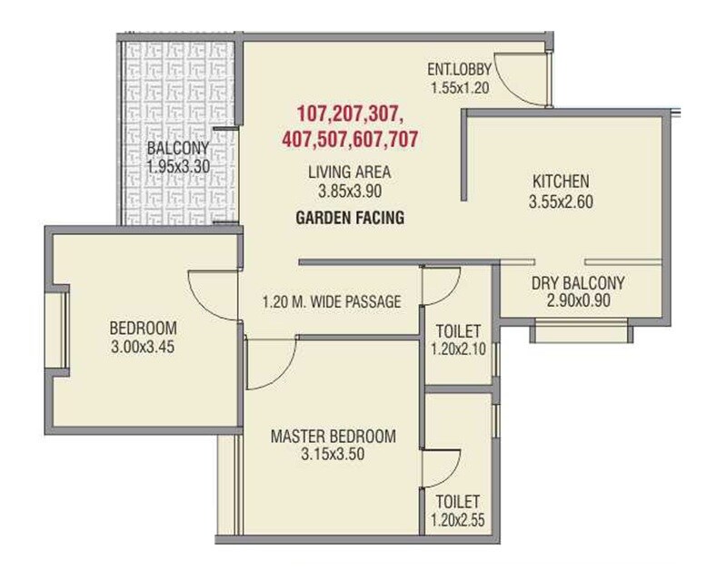 Floor plan of 2 BHK 757 Sq. Ft. Apartment in Shubham Tarangan, Pune