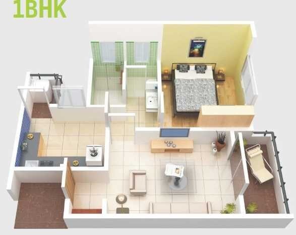 Floor plan of 1 BHK 533 Sq. Ft. Apartment in Shubhankar Durvaa, Pune
