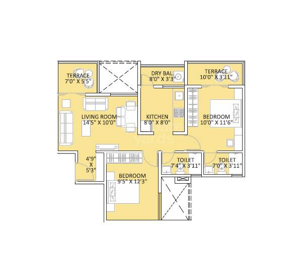 Floor plan of 2 BHK 592 Sq. Ft. Apartment in Shubharambh 21, Pune