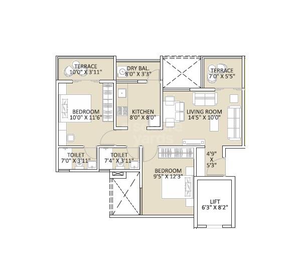 Floor plan of 2 BHK 671 Sq. Ft. Apartment in Shubharambh 21, Pune