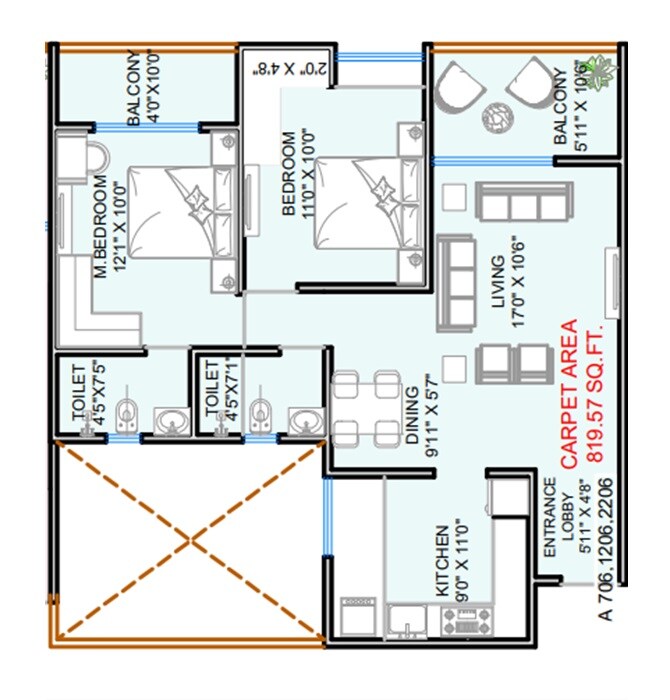 2 BHK 819 Sq. Ft. Apartment