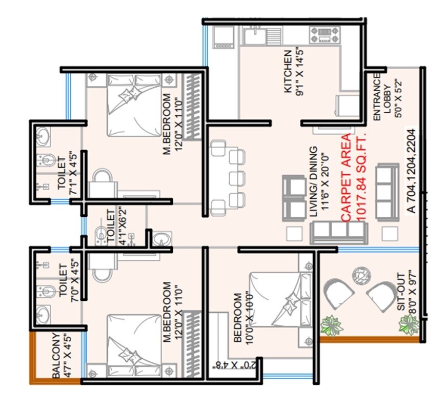3 BHK 1018 Sq. Ft. Apartment