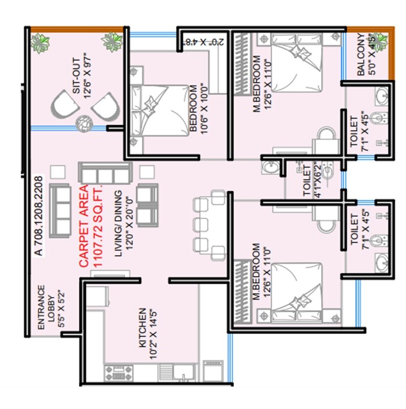 3 BHK 1108 Sq. Ft. Apartment