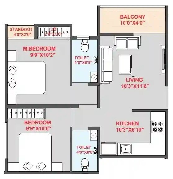 Floor plan of 2 BHK 590 Sq. Ft. Apartment in Shubhshree River Edge, Pune
