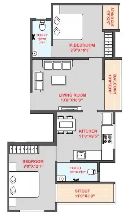 Floor plan of 2 BHK 635 Sq. Ft. Apartment in Shubhshree River Edge, Pune