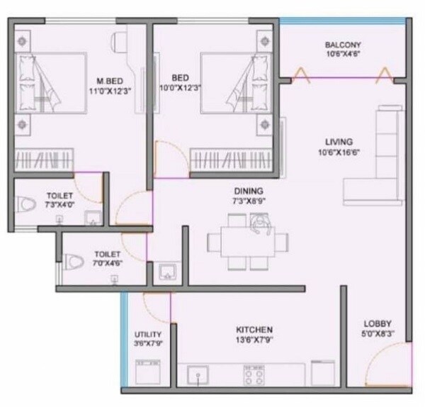 Floor plan of 2 BHK 801 Sq. Ft. Apartment in Siddhant Heights, Pune