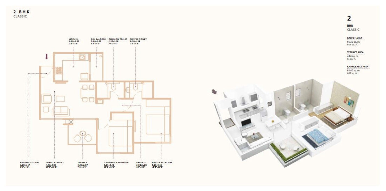 2 BHK 606 Sq. Ft. Apartment