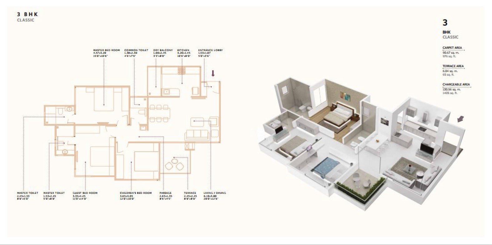Floor plan of 3 BHK 976 Sq. Ft. Apartment in Siddhashila Eela, Pune