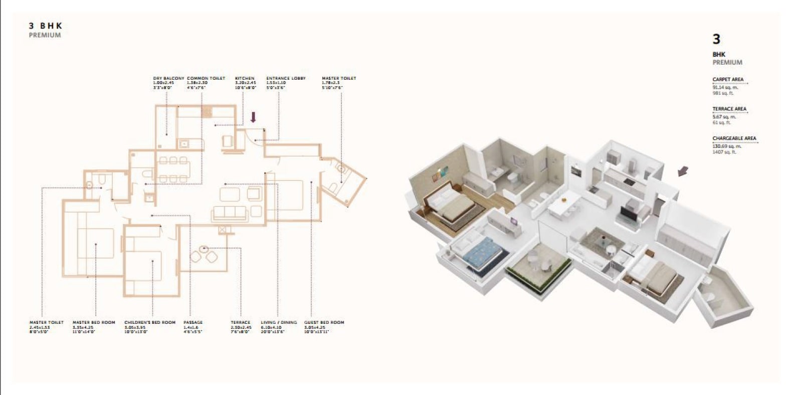 Floor plan of 3 BHK 981 Sq. Ft. Apartment in Siddhashila Eela, Pune