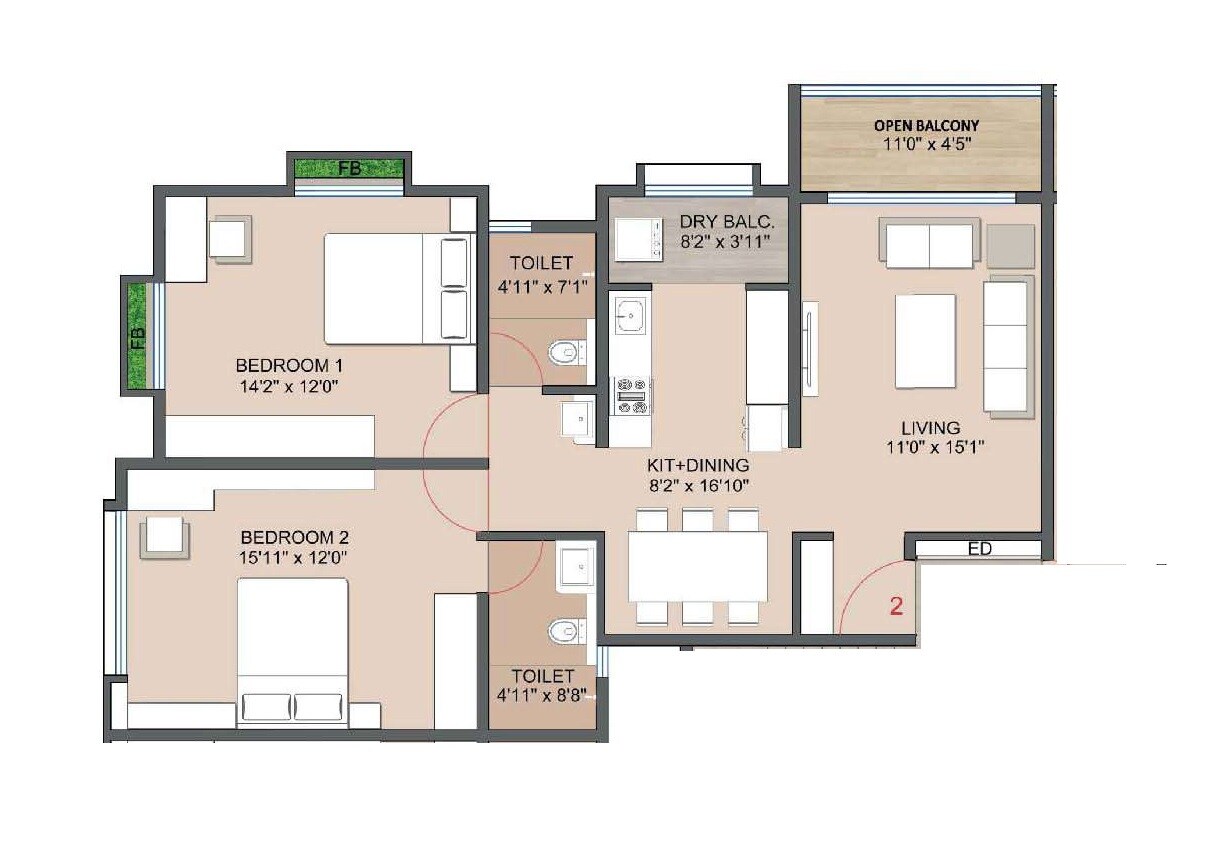 Floor plan of 2 BHK 759 Sq. Ft. Apartment in Siddhashila Madhusagar, Pune
