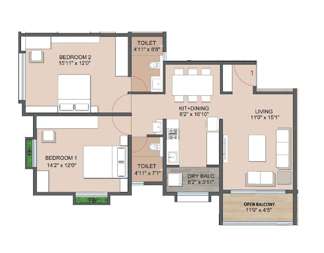 Floor plan of 2 BHK 785 Sq. Ft. Apartment in Siddhashila Madhusagar, Pune