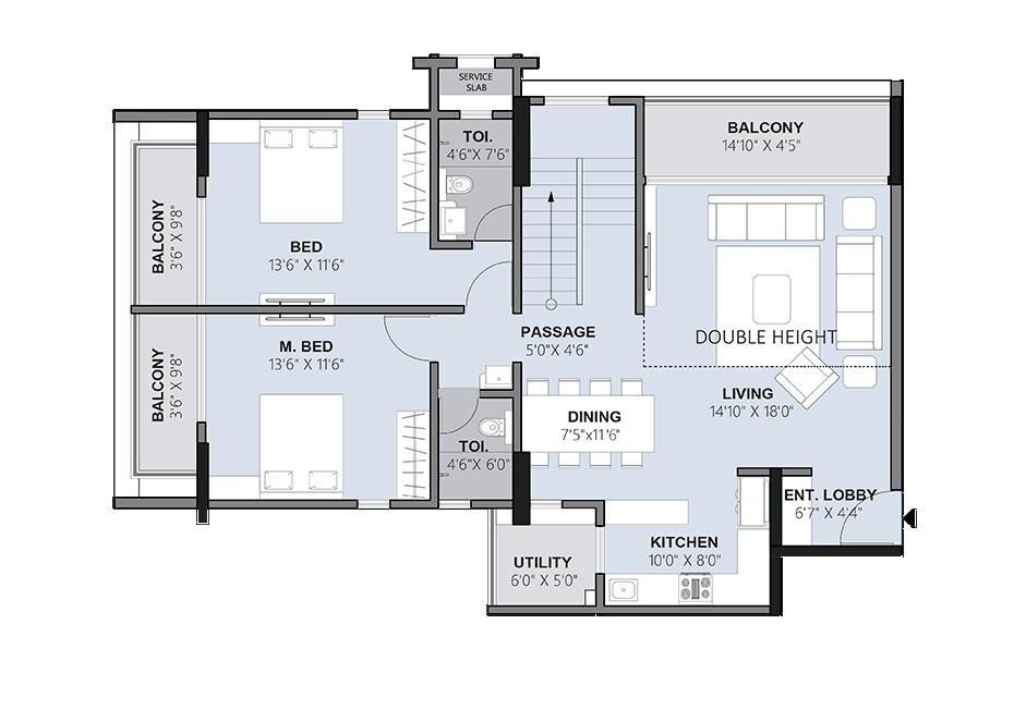 Floor plan of 2 BHK 959 Sq. Ft. Apartment in Siddhashila Samaira, Pune