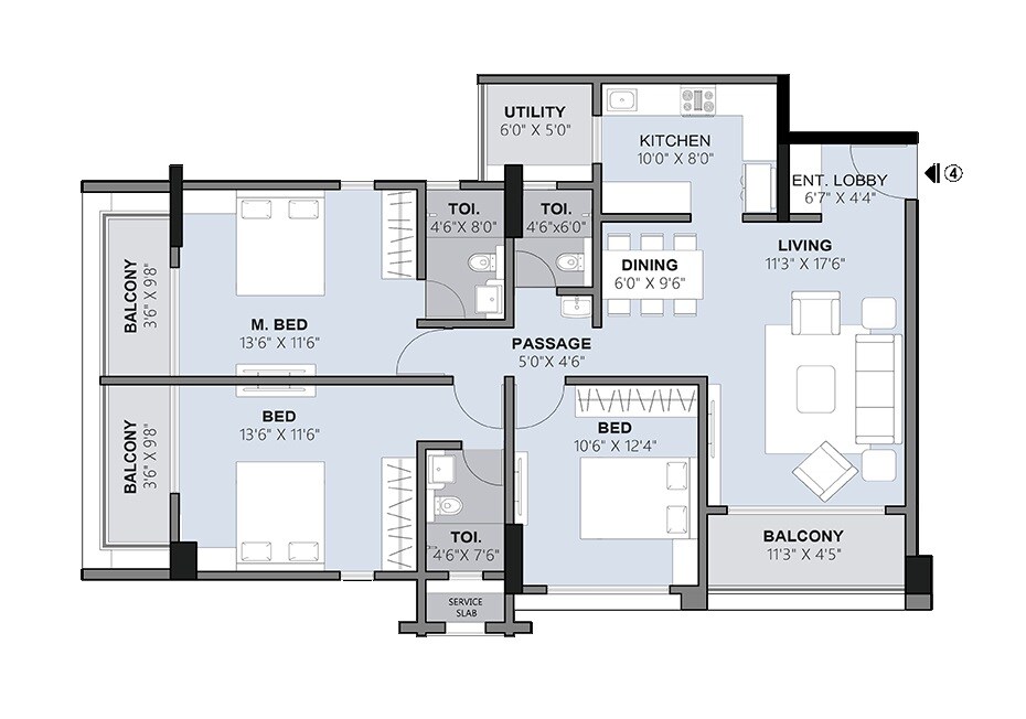 Floor plan of 3 BHK 1191 Sq. Ft. Apartment in Siddhashila Samaira, Pune