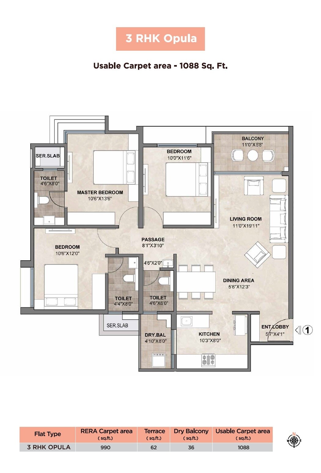 3 BHK 1088 Sq. Ft. Apartment