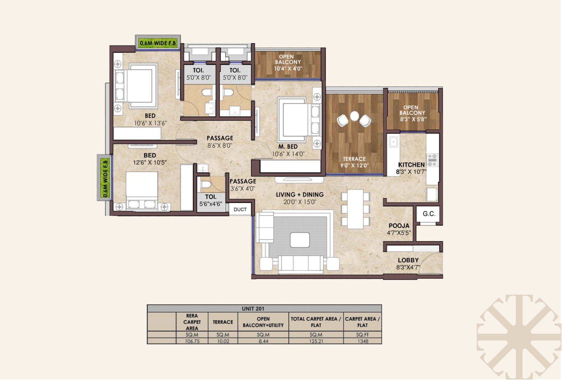 Floor plan of 3 BHK 1348 Sq. Ft. Apartment in Siddhashila Trishala, Pune