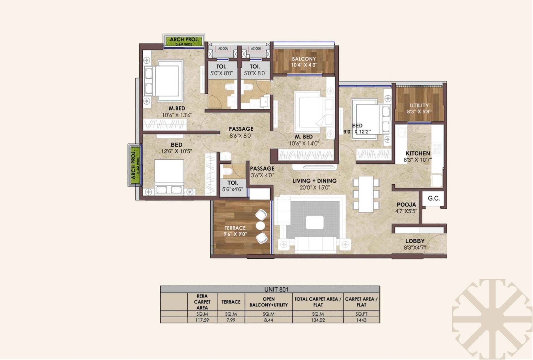 Floor plan of 3 BHK 1443 Sq. Ft. Apartment in Siddhashila Trishala, Pune